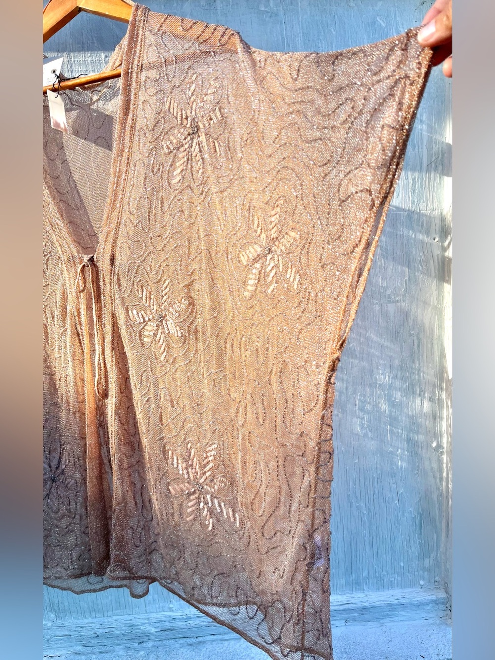 Zara Sequin Beaded Embroidered Kimono Blouse Kaftan Sheer Beige Pink Med - Large - Picture 11 of 16